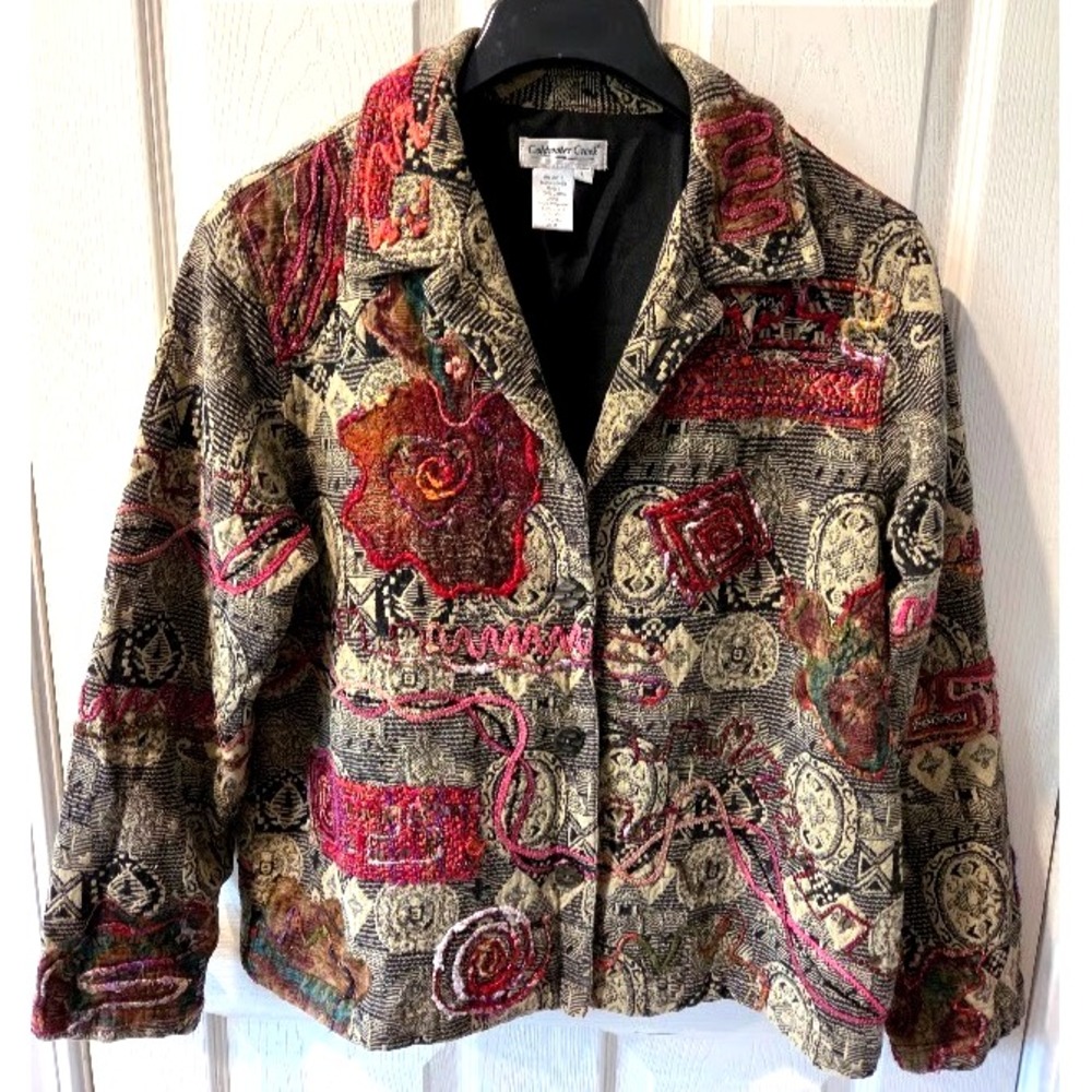 Coldwater Creek Art to Wear Large Tapestry Jacket Blazer Button Front Embroidery